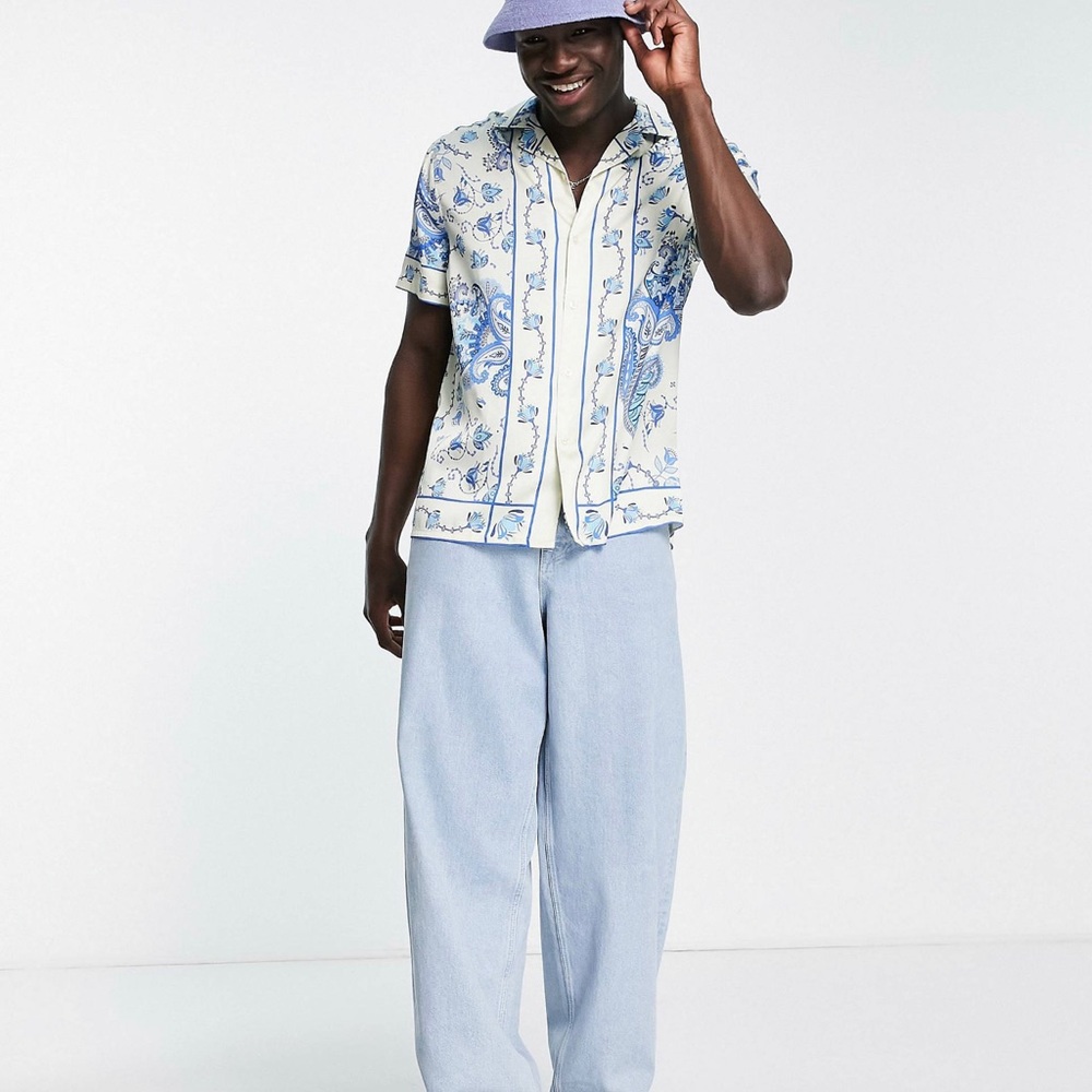 asos design relaxed revere satin shirt with floral border print